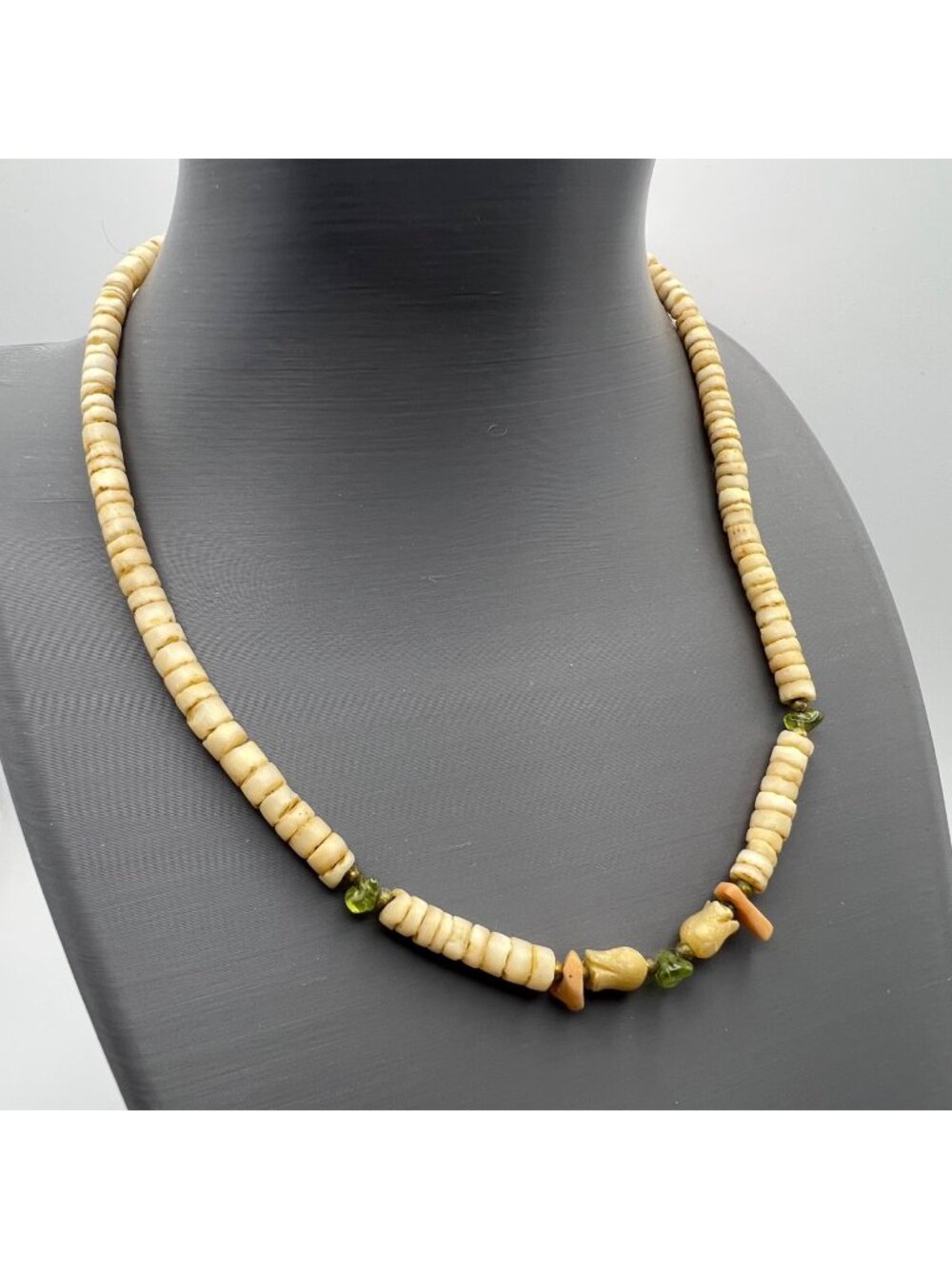 Vintage Bovine Bone Heishi Peridot Coral Choker Necklace 15.5" Southwestern Boho